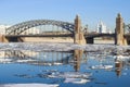 Spring ice drift near the Peter the Great bridge. Saint-Petersburg, Russia Royalty Free Stock Photo