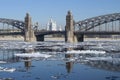 Spring ice drift at the Peter Great bridge. Saint-Petersburg Royalty Free Stock Photo