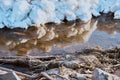 Spring ice drift on the river. Melting ice. Sunny evening. Broken tree branches.