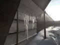 Spring icicles from melting ice on a fence in Siberia