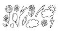 Spring icon set. Decorative weather and natural elements in line style for card, banner, website. Flowers, clouds