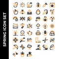 Spring icon set include egg,sun,snail,apple,bee,grass,rainbow,dragonfly,flowers,clover,bug,turbine,sunflower,farm,landscape,