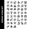 Spring icon set include egg,sun,snail,apple,bee,grass,rainbow,dragonfly,flowers,clover,bug,turbine,sunflower,farm,landscape,