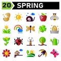 Spring icon set include turbine, wind, windmill, plant, ecology, tree, gardening, watering, cans, sunflower, scent, farm, farmer, Royalty Free Stock Photo