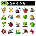 Spring icon set include turbine, wind, windmill, plant, ecology, tree, gardening, watering, cans, sunflower, scent, farm, farmer, Royalty Free Stock Photo