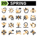 Spring icon set include turbine, wind, windmill, plant, ecology, tree, gardening, watering, cans, sunflower, scent, farm, farmer, Royalty Free Stock Photo