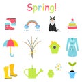 Spring icons set, flat style. Gardening cute collection of design elements, isolated on white background. Royalty Free Stock Photo