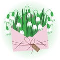 Spring illustration, cute snowdrops in a pink envelope with a label. Print, holiday decor