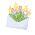 Spring illustration with flowers in an envelope. Tulips and mimosa. Flat style Royalty Free Stock Photo
