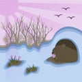 spring illustration of landscape, bear climbs out of the den and sniffs the first flowers crocuses, the sun is shining, glades in Royalty Free Stock Photo