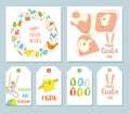 Spring illustrations set. Square easter cards, gift tags and labels.Wreath of Easter elements. Hare, egg hunter. Cute and modern Royalty Free Stock Photo
