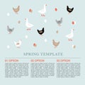 Spring infographics background, card with hens, goose and colorful Easter eggs. Vector illustration template, web banner