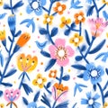 Spring inky bloom garden seamless pattern