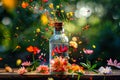 spring inside a bottle exploding spreading vivid colors flowers Generative AI