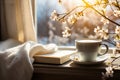 Spring inspired white coffee cup and open book on wooden table, radiating freshness and serenity