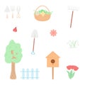 Spring isolated elements set in flat design. Collection of cute spring elements. Gardening tools, flowers, ladybug, birdhouse and Royalty Free Stock Photo