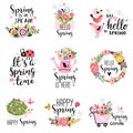 Spring labels with season calligraphy quotes flowers wreathes. Royalty Free Stock Photo