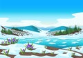 Spring landscape with river, mountains, forest, fields, melting snow and crocus Royalty Free Stock Photo