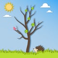 Funny Childish illustration with Spring Landscape in Paper Cut style. Hedgehog sits in the grass under a tree.