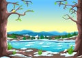 Spring landscape with big trees, river melting snow and snowdrops Royalty Free Stock Photo