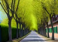 spring landscape. Alley with spring trees along the road in old europe. 3d illustration. Generative AI