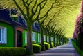 spring landscape. Alley with spring trees along the road in old europe. 3d illustration. Generative AI