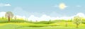 Spring landscape background,Cute Village with meadow, rural road on hill, blue sky ,could in sunny,Vector cartoon horizon Summer Royalty Free Stock Photo