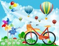 Spring landscape with bike, pinwheels and balloons