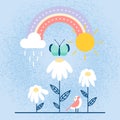 Spring landscape. Landscape with bird, daisy flowers, rainbow, butterfly, rain and sun. Changing weather. Vector illustration, Royalty Free Stock Photo