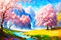 Spring landscape with blooming cherry trees, sakura tree, stylized oil on canvas, forest in sunny day