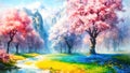 Spring landscape with blooming cherry trees, sakura tree, stylized oil on canvas, forest in sunny day