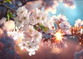Spring  landscape blooming sakura with pink and white  flowers on blue sunset sky at sun ligh Royalty Free Stock Photo