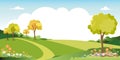 Spring landscape with blue sky and clouds,Panorama Green fields with copy space, fresh and peaceful rural nature in springtime Royalty Free Stock Photo