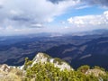 Spring landscape with blue sky, strong clouds and colorful forrest. Royalty Free Stock Photo