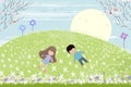 Spring landscape with boy and girl lying on green field on sunny day,Vector Cartoon Happy children relaxing and having fun outdoor