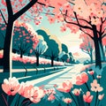 Spring landscape with cherry blossom trees, road and flowers.. AI Generated