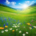 Spring landscape with colorful wildflowers in a green meadow on a blue