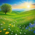 Spring landscape with colorful wildflowers in a green meadow on a blue