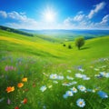 Spring landscape with colorful wildflowers in a green meadow on a blue