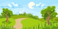 Spring landscape, country road and trees in fields and meadows on the sky, clouds and sun. Illustration, background