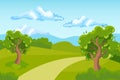 Spring landscape, country road and trees in fields and meadows on the sky, clouds and sun. Illustration, background Royalty Free Stock Photo