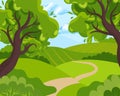 Spring landscape, country road and trees in fields and meadows on the sky, clouds and sun. Illustration, background Royalty Free Stock Photo