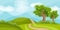 Spring landscape, country road and trees in fields and meadows on the sky, clouds and sun. Illustration, background Royalty Free Stock Photo