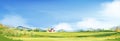 Spring landscape in countryside with farmhouse, green meadow on hills, blue sky and clouds,Vector cartoon Summer or Spring,