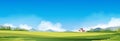 Spring landscape in countryside with farmhouse, green meadow on hills, blue sky and clouds,Vector cartoon Summer or Spring,