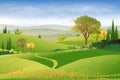 Spring landscape in countryside with green meadow on hills, clouds and blue sky,Vector beautiful Summer fields landscape,Panoramic Royalty Free Stock Photo