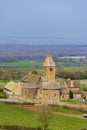 Spring landscape with cows and eglise Notre Dame de Lancharre, Bourgogne, France