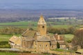 Spring landscape with cows and eglise Notre Dame de Lancharre, Bourgogne, France