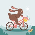 Spring landscape with Cute rabbit rides a bicycle in a green meadow. Cute childish hand drawn vector illustration