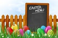 Spring landscape with easter eggs and EASTER MENU chalkboard